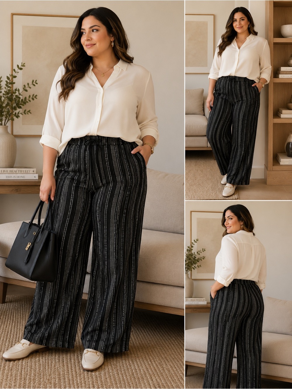 Briggs New York Black Striped Wide-Leg Trousers